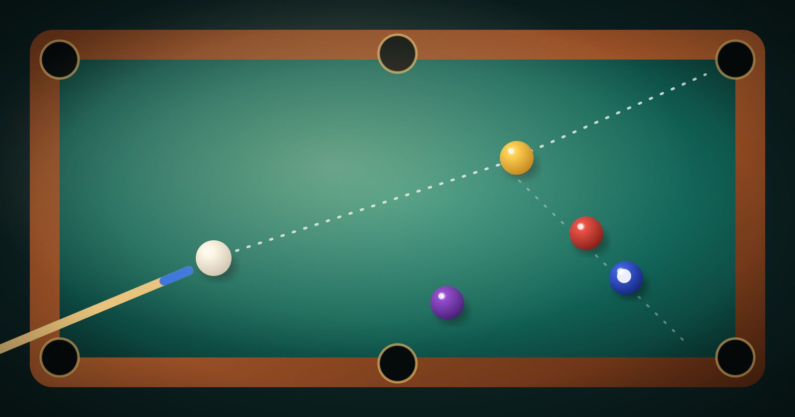 A pool table seen from above with the cue ball and an aiming line